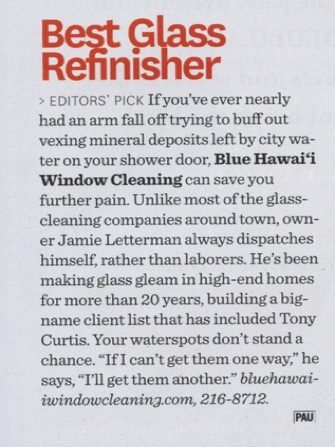 Honolulu Magazine Best Glass Refinisher Article for Blue Hawaii Window Cleaning
