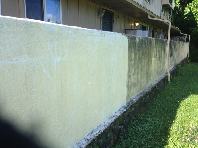 concrete wall in Kaneohe after pressure washing off the mold and dirt